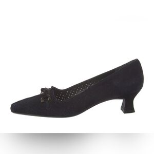Stuart Weitzman Elegant Black Perforated Suede Kitten Heels With Bow Detail